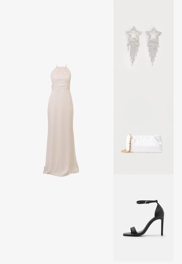 Langes, fließendes Kleid aus cremefarbenem Stoff mit Neckholder-Design und tailliertem Schnitt, sorgt für eine glatte Textur und elegante Silhouette.; Schwarze hochhackige Sandale mit elegantem Design, featuring einem Knöchelriemen, offener Zehenpartie und glattem Lederfinish.; Weiße weiche Clutch-Tasche mit goldener Kettenriemen, verziert mit klaren Edelsteinen, vor einem einfarbigen hellgrauen Hintergrund.; Glitzernde Sternohrringe mit herabhängendem Fransen-Detail, in silberner Farbe und mit einer glänzenden, reflektierenden Oberfläche. Sternform mit filigranem Design.