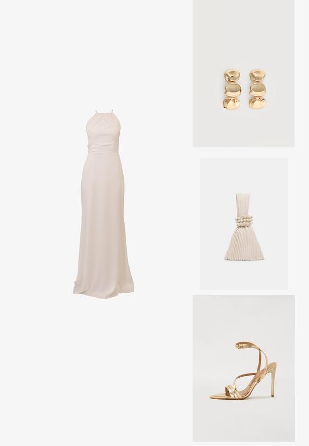 Langes, fließendes Kleid aus cremefarbenem Stoff mit Neckholder-Design und tailliertem Schnitt, sorgt für eine glatte Textur und elegante Silhouette.; Even&Odd by Zalando Riemensandalette - gold; Kleine beigen Faltentasche mit einem verknoteten Griff und drei runden Perlenarmbändern, die um die Mitte gewickelt sind.; Ohrhänger in Goldoptik mit drei unregelmäßigen, glatten, abgerundeten Segmenten, die vertikal auf einem schlichten, hellen Hintergrund gestapelt sind.