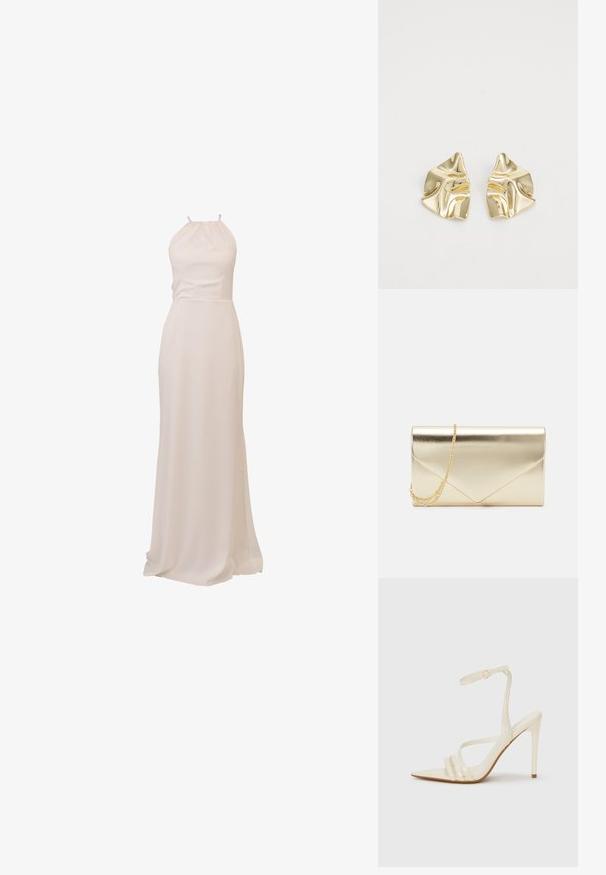 Langes, fließendes Kleid aus cremefarbenem Stoff mit Neckholder-Design und tailliertem Schnitt, sorgt für eine glatte Textur und elegante Silhouette.; Beige Sandaletten mit hohem Absatz und spitzer Schuhspitze, ausgestattet mit drei vorderen Riemen und einem dünnen Knöchelriemen mit Schnalle. Glatte Textur, minimalistisches Design.; Metallisch goldene Clutch-Tasche mit einer eleganten, rechteckigen Form, die ein Umschlagdesign und einen abnehmbaren goldenen Kettenriemen aufweist.; Goldfarbene metallische Ohrringe mit einem wellenförmigen Design; glatte, reflektierende Oberfläche; asymmetrische Form; keine sichtbaren Muster oder Hardware.
