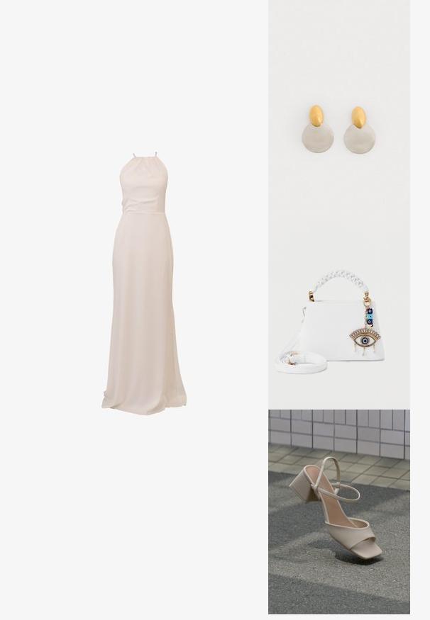 Langes, fließendes Kleid aus cremefarbenem Stoff mit Neckholder-Design und tailliertem Schnitt, sorgt für eine glatte Textur und elegante Silhouette.; Beige Sandale mit offenem Zehenbereich, dickem Blockabsatz und dünnem Knöchelriemen, schräg auf Asphalt mit gekacheltem Wandhintergrund platziert.; Weiße Handtasche mit geflochtenem Griff und abnehmbarem Riemen, ausgestattet mit einem goldenen und blauen charms in Form eines Auges, verziert mit Perlen und hängenden Perlen.; Ohrringe aus Gold und Silber mit einer runden Diskusbasis und einem ovalen Oberteil, glatte Textur und polierte Oberfläche.