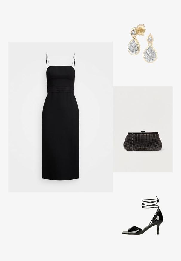 Schwarzes Midi-Kleid aus glattem Stoff, mit einem taillierten Oberteil, dünnen Trägern und Nähten an der Taille.; Schwarze Sandale aus Lackleder mit offenem Zehenbereich, niedrigen Knöchelwickelriemen und schlankem, mittelhohem, geschwungenem Absatz.; Schwarze Mesh-Clutch mit strukturierter Silhouette, verziert mit kleinen metallic-nieten, besitzt einen Verschluss mit Klappe und einen abnehmbaren Kettenriemen.; Tropfenohrringe mit einem goldenen Rahmen und silbernen Akzenten, verziert mit mehreren kleinen, runden glitzernden Steinen in einer dekorativen Anordnung.