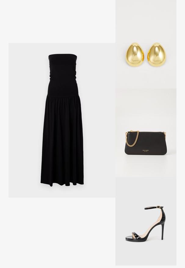 Zwarte strapless maxi-jurk gemaakt van zachte, rekbare stof. Aansluitend lichaam met een geplooide rok, vloeiende stof en gladde textuur.; Zwarte patenten hoge hakken sandaal met enkelbandje en gouden gesp, open teen en slanke stilettokant op een effen achtergrond.; Zwarte leren clutch met een gouden kettinghengsel. Heeft een ritssluiting en een in reliëf gedrukt merknaam in goud aan de voorkant. Glad textuur, rechthoekige vorm.; Gouden studoorbellen met een gladde, gepolijste afwerking en een druppelvorm, die licht reflecteren voor een glanzende uitstraling.