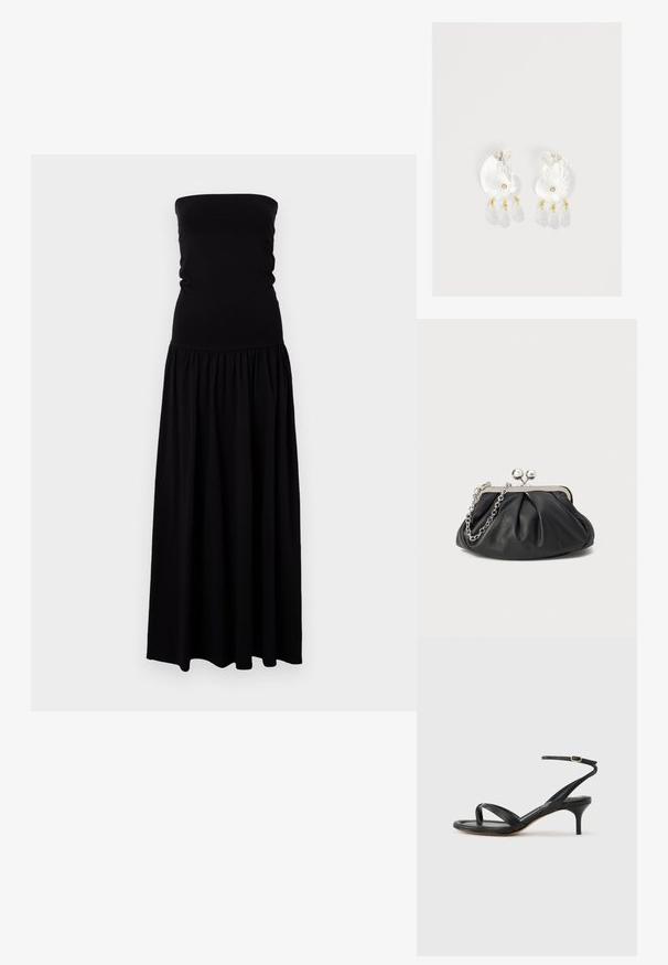 Robe maxi noire sans bretelles en tissu doux et extensible. Corps ajusté avec une jupe froncée, tissu fluide et texture lisse.; Sandale pour femme en cuir noir avec fines lanières, une boucle d'orteil, une boucle à la cheville et un talon aiguille de hauteur moyenne sur un fond neutre.; Porte-monnaie en cuir noir avec texture froncée, cadre en métal argenté, fermeture à verrouillage kiss-lock et bandoulière en chaîne. Surface lisse et douce.; Boucles d'oreilles en résine transparente en forme de coquillage avec de petits accents dorés et trois breloques translucides en forme de goutte pendantes sur chaque boucle d'oreille.