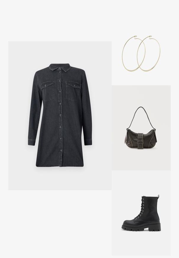 Dunkelblaues Jeanshemdkleid mit langen Ärmeln, einem kragenlosen Hals und zwei Brusttaschen. Verfügt über eine vordere Knopfleiste und einen geraden Schnitt.; Schwarze Schnürstiefeletten mit einer dicken Sohle, glatter Oberfläche, silberfarbener Hardware und einer Schlaufe auf der Rückseite für ein einfaches Anziehen.; Schwarze Leder-Schultertasche mit Schnallengurt-Detail, abgerundeten Kanten und kontrastierenden weißen Nähten auf schlichtem Hintergrund.; Pilgrim Ohrringe - gold-coloured