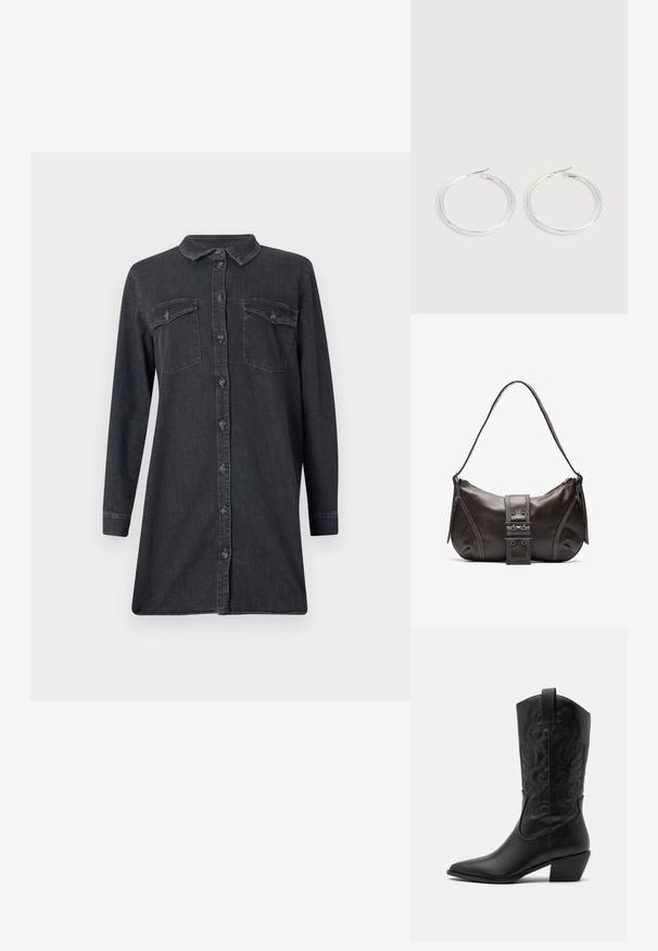 Dunkelblaues Jeanshemdkleid mit langen Ärmeln, einem kragenlosen Hals und zwei Brusttaschen. Verfügt über eine vordere Knopfleiste und einen geraden Schnitt.; Schwarze Leder-Cowboy-Stiefel mit spitzem Zeh, geprägten, wirbelnden Mustern und einem mittelhohen Absatz. Mit einem Zuglasche für einfaches An- und Ausziehen.; Braune Lederumhängetasche mit gebogener Form, die mit einem auffälligen Schnallendetail, kontrastierenden Nähten und einem einzigen Schulterriemen ausgestattet ist.; Paar glänzende silberne Creolen mit dünnen Drahtverschlüssen, dargestellt vor einem hellgrauen Hintergrund.
