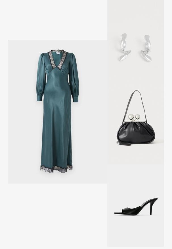 Teal satin maxi kjole med dyb V-udskæring, lange pufærmer og sort blondekant langs udskæringen og kanten. Glat tekstur.; Sort læder åben tå højhælet mule med en slank stilet hæl, vist i sideprofil på en ensfarvet baggrund.; Sort læderhåndtaske med opsamlet design, en enkelt rem, sølv metalramme og to store runde sølv lukninger.; Par skinnende sølv øreringe med abstrakt form på en ensfarvet hvid baggrund.