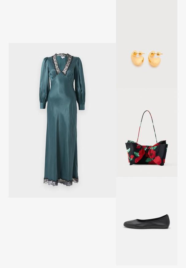 Vestido maxi de satén en tono verde azulado con un profundo escote en V, mangas largas de tipo globo y borde de encaje negro en el escote y el dobladillo. Textura suave.; Bailarina de piel negra con punta redondeada, textura suave, detalle de costura minimalista y diseño de suela flexible.; Bolso de hombro floral que presenta tela negra con patrones de flores rojas y verdes, detalle de lazo y un asa delgada y colorida.; Par de pequeños pendientes de botón de tono dorado, robustos, con formas abstractas suaves y curvas sobre un fondo claro.