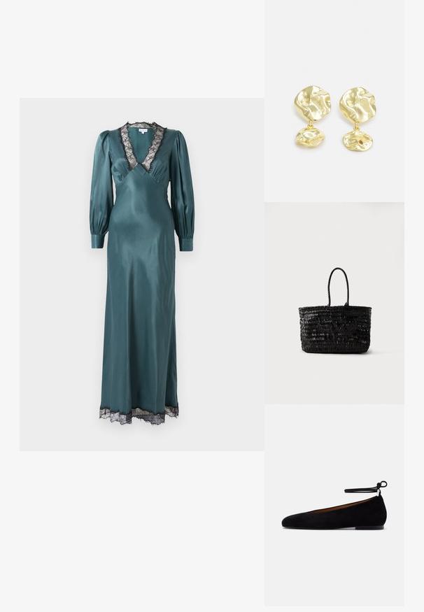Türkisfarbendes Satin-Maxikleid mit tiefem V-Ausschnitt, langen Puffärmeln und schwarzem Spitzenbesatz entlang des Ausschnitts und Saums. Sanfte Textur.; Schwarzer flacher Schuh aus Wildleder mit abgerundeter Spitze, dünnem Knöchelriemen, der zu einer Schleife gebunden ist, und niedrigem Absatz auf hellem einfarbigem Hintergrund.; Schwarze gewebte Ledertasche mit zwei abgerundeten Griffen, aufrecht stehend vor einem schlichten weißen Hintergrund.; Goldfarbene Tropfohrringe mit einem abstrakten, strukturierten Design, bestehend aus zwei unregelmäßig geformten Elementen, wobei eines größer oben und das andere kleiner darunter ist.