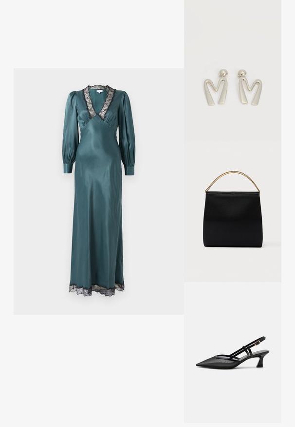 Teal satin maxi-jurk met een diepe V-hals, lange pofmouwen en zwarte kant langs de halslijn en zoom. Zachte textuur.; Zwarte slingbackschoen met puntige neus, mesh bovenwerk, dunne bandjes, gouden gesp en lage gebogen hak op witte achtergrond.; Zwarte tas van gladde stof met een gestructureerde vorm, een handvat van gouden ketting en een minimalistisch geometrisch ontwerp.; Paar zilverkleurige metalen oorbellen in de vorm van een hoekige letter M met afgeronde stekers op een witte achtergrond.