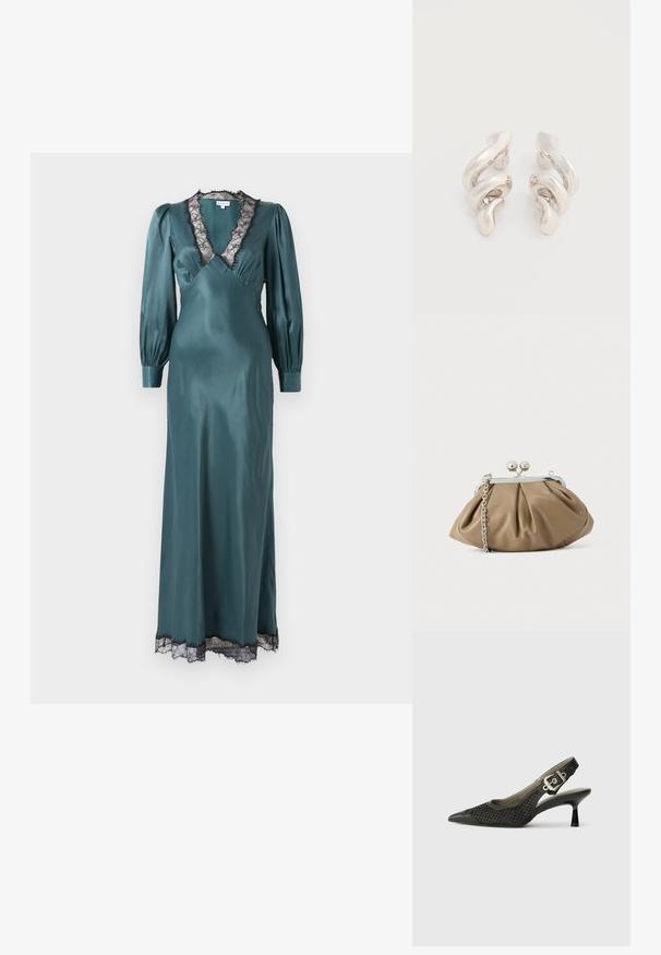 Teal satin maxi-jurk met een diepe V-hals, lange pofmouwen en zwarte kant langs de halslijn en zoom. Zachte textuur.; Zwarte slingback schoen met spitse teen, geweven mesh textuur en gesps accent bij de hiel. Slanke, gebogen hak. Gladde leren details.; Leren clutch in zacht beige met een afgeronde vorm, geplooide textuur, zilveren kiss-lock sluiting en een afneembare kettingriem.; Gedraaide zilveren metalen oorknopjes met een gladde, glanzende afwerking, voorzien van een modern, abstract spiraalontwerp.