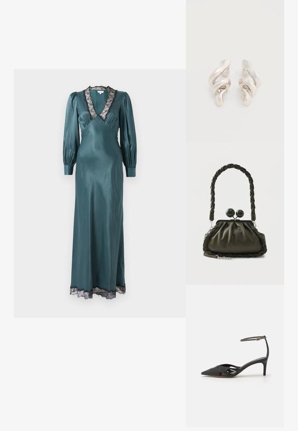 Teal satin maxi kjole med dyb V-udskæring, lange pufærmer og sort blondekant langs udskæringen og kanten. Glat tekstur.; Sort læder højhælet sko med spids tå, åbne sider og en tynd ankelrem med en lille guld detalje.; Olivengrøn læderhåndtaske med flettet håndtag og sølvhardware, med en samlet design og runde låsedetaljer på toppen.; Tvistede sølvfarvede ørestikker med en glat, blank overflade, der har et moderne, abstrakt spiraldesign.