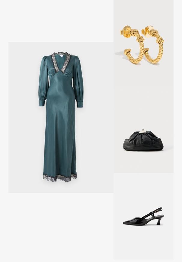 Vestido maxi de satén en tono verde azulado con un profundo escote en V, mangas largas de tipo globo y borde de encaje negro en el escote y el dobladillo. Textura suave.; Zapato slingback de charol negro con tacón bajo, punta puntiaguda y correa ajustable con hebilla dorada sobre fondo blanco.; Bolso de mano de cuero negro con textura recogida, cierre de broche metálico y logo en relieve sutil en el frente. Forma redondeada.; Pendientes de aro con textura de cuerda dorada retorcida y cierres de mariposa sobre un fondo claro.