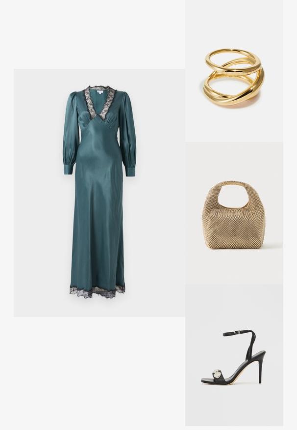 Türkisfarbendes Satin-Maxikleid mit tiefem V-Ausschnitt, langen Puffärmeln und schwarzem Spitzenbesatz entlang des Ausschnitts und Saums. Sanfte Textur.; Schwarze hochhackige Sandale mit Knöchelriemen, ausgestattet mit glattem Lederobermaterial, quadratischer Zehenpartie und zwei runden Metallakzenten.; Kleine Handtasche in Gold-Ton, bedeckt mit glänzenden runden Nieten, mit kurzem Griff und rechteckigem Ausschnitt oben.; Goldfarbener Ring mit ineinander greifenden, gewellten Bändern. Glatte, glänzende Oberfläche mit einem überlappenden Design und subtiler Gravur im Inneren.
