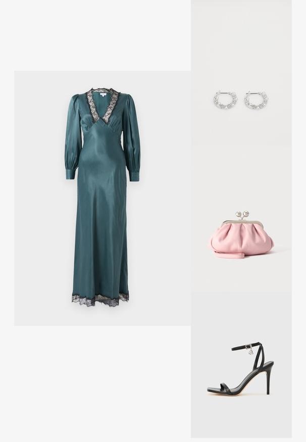 Teal satin maxi kjole med dyb V-udskæring, lange pufærmer og sort blondekant langs udskæringen og kanten. Glat tekstur.; Sort hæl-sandal med smal ankrem, firkantet tå-boks, glat lædermateriale og metalspænde som pynt.; Lille blød lyserød clutchpung med sølvfarvet metalramme og rund lås, hvilende på en flad lys overflade med håndledsrem foldet foran.; Sølv hoop øreringe med perle- og krystalaccentuer, der har en tekstureret overflade og en sikker stiftlukning.