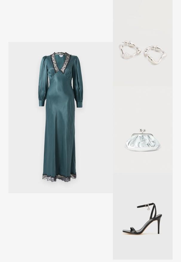 Vestido maxi de satén en tono verde azulado con un profundo escote en V, mangas largas de tipo globo y borde de encaje negro en el escote y el dobladillo. Textura suave.; Sandalia de tacón alto negra con una estrecha correa en el tobillo, punta cuadrada, material de cuero liso y detalle de hebilla metálica.; Pequeño bolso de mano metálico plateado con diseño redondeado y fruncido y cierre de broche con dos esferas plateadas.; Pendientes de aro de forma irregular en tono plateado con cierre de poste sobre una superficie blanca lisa.