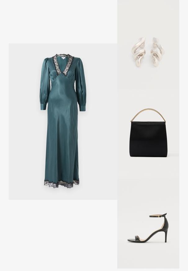 Vestido maxi de satén en tono verde azulado con un profundo escote en V, mangas largas de tipo globo y borde de encaje negro en el escote y el dobladillo. Textura suave.; Sándalo de tacón alto de piel negra con tiras en el tobillo. Presenta una textura suave, puntera abierta y un tacón delgado. Detalles de hebilla en tono dorado.; Bolso negro de tela suave, con forma estructurada, asa de cadena dorada y diseño geométrico minimalista.; Pendientes de clip de metal plateado retorcido con un acabado liso y brillante, que presentan un diseño moderno y abstracto en espiral.