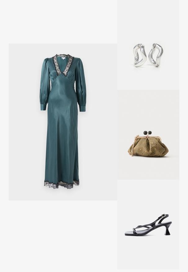 Teal satin maxi-jurk met een diepe V-hals, lange pofmouwen en zwarte kant langs de halslijn en zoom. Zachte textuur.; Zwarte lederen damessandaal met dunne riempjes, vierkante neus, verstelbare enkelgesp en uitgewerkte hak van gemiddelde hoogte.; Kleine clutch tas met goud-zwart geometrisch patroon, goudkleurig metalen frame, zwarte bolsluiting en een korte gouden kettingband.; Zilveren oorbellen met een gedraaid ontwerp. Afgeronde randen en een glanzende afwerking. Open sluitingen voor gemakkelijk dragen. Soepele textuur over het geheel.