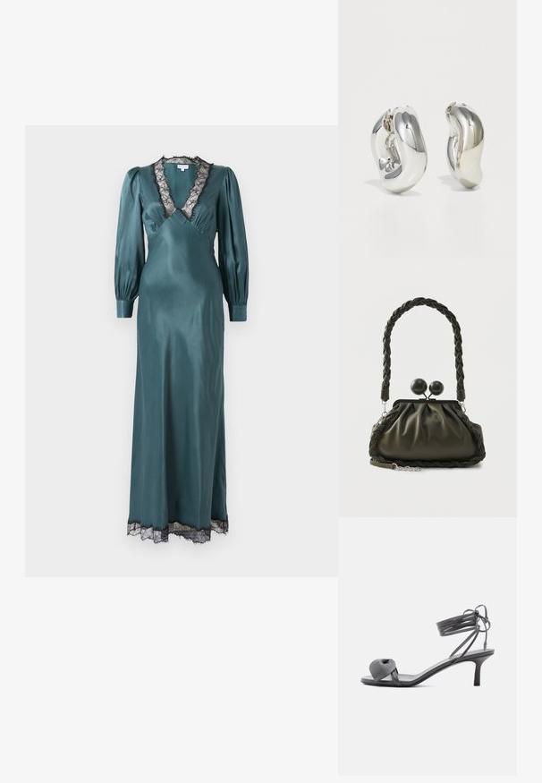 Teal satin maxi kjole med dyb V-udskæring, lange pufærmer og sort blondekant langs udskæringen og kanten. Glat tekstur.; Grå læder sandal med hæl, knyttet rem ved tæerne og snørebånd, der vikles om anklen, på slank mellemhøj hæl mod hvid baggrund.; Olivengrøn læderhåndtaske med flettet håndtag og sølvhardware, med en samlet design og runde låsedetaljer på toppen.; Sølvskulpturelle øreringe med glatte, buede former og reflekterende overflader. Har et lukket hoop-design og en markant organisk form.
