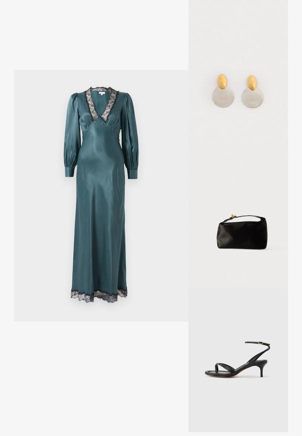 Teal satin maxi kjole med dyb V-udskæring, lange pufærmer og sort blondekant langs udskæringen og kanten. Glat tekstur.; Sort damesandal i læder med tynde remme, en tå-loop, ankelspænde og en mellemhøj stiletthæl på en neutral baggrund.; Sort satinpung med en afrundet form, et håndtag i toppen og en guldaccentlås. Glat tekstur med et minimalistisk design.; Guld- og sølvmetalløreringe med en rund skivebund og et ovalt topstykke, glat tekstur og poleret finish.