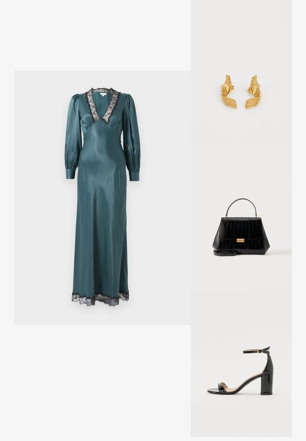Türkisfarbendes Satin-Maxikleid mit tiefem V-Ausschnitt, langen Puffärmeln und schwarzem Spitzenbesatz entlang des Ausschnitts und Saums. Sanfte Textur.; Schwarze Lackleder-Sandalette mit hohem Absatz, Knöchelriemen und goldener Schnalle, offenem Zehenbereich und Blockabsatz auf weißem Hintergrund.; Schwarze Lederhandtasche mit Tragegriff oben, goldfarbenem Verschluss und abnehmbarem Schulterriemen auf schlichtem hellen Hintergrund.; Goldfarbene Ohrringe mit einem verdrehten Blattdesign, verziert mit kleinen funkelnden Steinen und mit einem Steckverschluss gesichert.