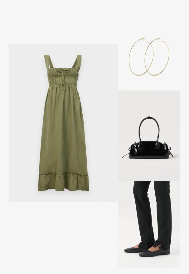 Olive roheline varrukateta kleit smock-kere, sõlm detail kaeluse juures ja volangiga serveering. Valmistatud kerge kangast.; Jalad, mis kannavad mustaid kitsaid pükse esiosal lõhikutega allääres, kombineeritud mustade lameda tallaga Mary Jane kingadega, millel on väike pandlakinnitusega rihm.; Väike must läikiv käekott kahe pika sangaga ja külgedel paelakinnitustega, ühel lihtsal helel taustal.; Pilgrim Kõrvarõngad - gold-coloured