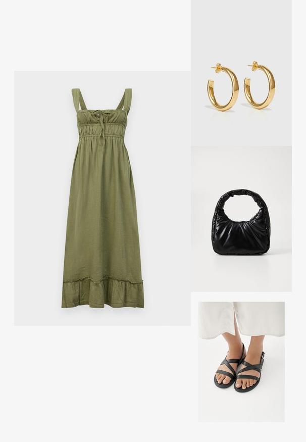 Robe sans manches vert olive avec un corsage smocké, détail à nouer au niveau du col et ourlet à volants. Fabriquée en tissu léger.; Pieds chaussés de sandales noires à brides avec boucles à la cheville, associés à un vêtement blanc s'arrêtant au-dessus des chevilles sur un fond blanc.; Sac à main noir rembourré avec une poignée arrondie, présentant une surface lisse et brillante ainsi qu'une texture douce et matelassée. Pas de quincaillerie ou d'accents visibles.; Boucles d'oreilles en or en forme de cercle, avec une surface lisse et polie. Fermeture à clip pour un enfilage facile.