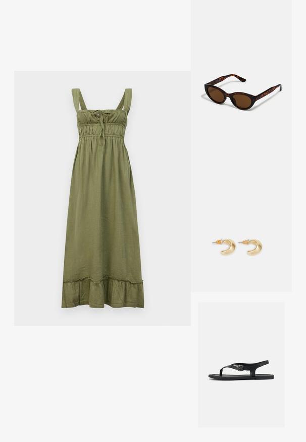 Robe sans manches vert olive avec un corsage smocké, détail à nouer au niveau du col et ourlet à volants. Fabriquée en tissu léger.; Sandale plate noire avec bride à la cheville, entre-doigt et boucle argentée sur semelle lisse, vue de côté sur fond blanc.; Lunettes de soleil en écaille de tortue marron avec une forme vintage de lunettes cat-eye et des verres marron. Présente des branches courbées avec des accents rouges.; Boucles d'oreilles en forme de croissant en or avec une finition lisse, présentant des accents orange près du clou et un matériel en argent.