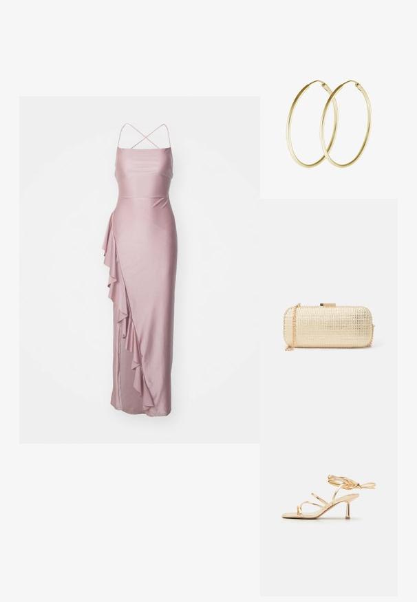 Lang, tætsiddende pink satin kjole med spaghetti stropper, en sidelæbe detalje og en glat tekstur. Klassisk design til formelt tøj.; Guldstrappy højhælede sandal med et strømlinet design, tynde remme, ankelbinding og en minimalistisk metalhæl. Glat tekstur.; Metallisk gul clutch-pung med tekstureret overflade, der har en cylindrisk form, en kædeled og en lås.; Guld hoops øreringe med et glat, rundt design og en blank finish. Letvægts konstruktion med en sikker låsemekanisme.