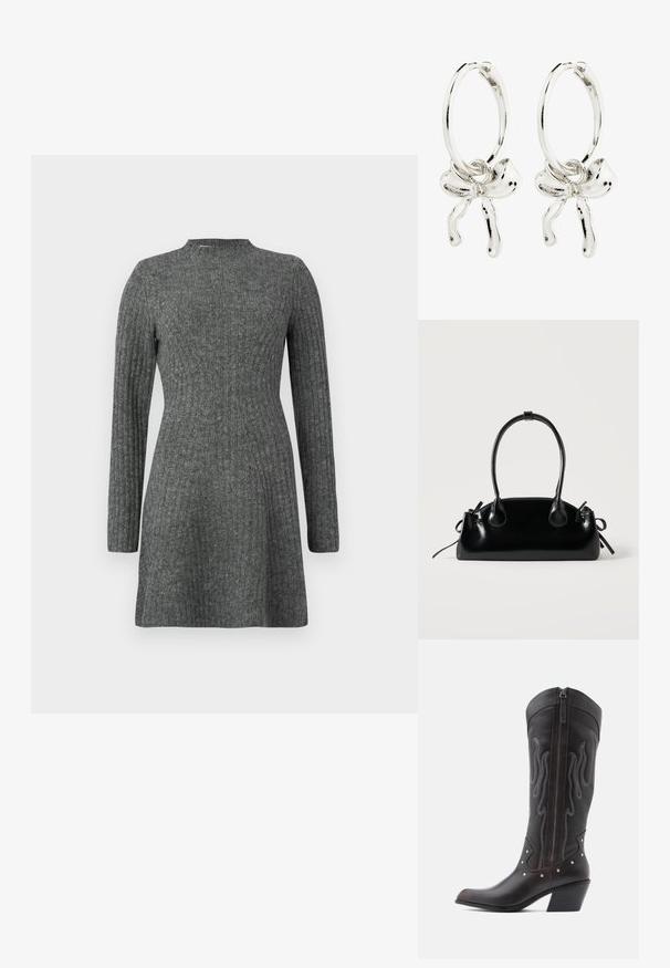 Vestido de canalé hasta la rodilla en gris oscuro, con mangas largas y escote alto, fabricado en un suave tejido texturizado.; Botas de cowboy de cuero marrón con costuras en forma de llama, cremallera lateral, tachuelas plateadas, punta puntiaguda y tacón apilado.; Pequeño bolso negro brillante con dos asas largas y detalles de cordón lateral sobre un fondo claro liso.; Pendientes de aro de plata con un detalle de lazo en el centro, que exhiben un acabado pulido y una textura suave.