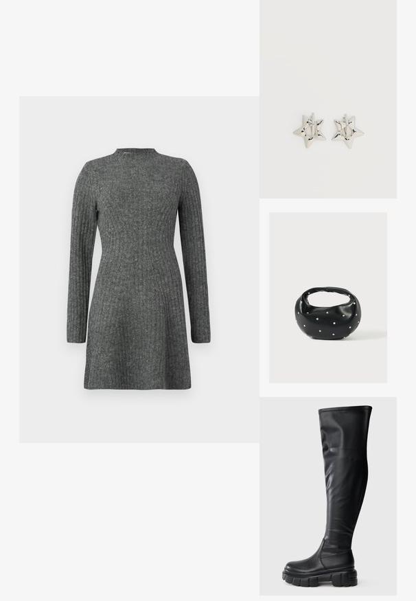 Vestido de canalé hasta la rodilla en gris oscuro, con mangas largas y escote alto, fabricado en un suave tejido texturizado.; Botas negras hasta la rodilla hechas de suave cuero sintético. Suela de plataforma de goma gruesa y robusta con punta redondeada y diseño de puesta fácil.; Bolso de mano de cuero negro con forma redondeada, decorado con detalles de tachuelas plateadas y un asa corta. Textura lisa y cierre con cremallera.; Pendientes de aro plateados en forma de estrella con un acabado liso y pulido sobre un fondo blanco liso.