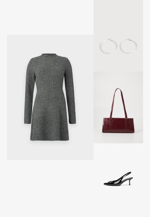 Geripptes, knielanges Kleid in Dunkelgrau mit langen Ärmeln und hohem Kragen, hergestellt aus weichem, strukturiertem Stoff.; Schwarze patentierte Slingback-Absätze mit spitzem Zehenbereich und glänzender Oberfläche. Besitzt einen schlanken Absatz und eine abgerundete Akzentuierung am Schuhoberteil.; Burgunderfarbene Handtasche aus glänzendem Material, rechteckige Form, mit zwei Schulterriemen und subtilen, geschwungenen Akzenten an der Vorderseite.; Paar glänzende silberne Creolen mit dünnen Drahtverschlüssen, dargestellt vor einem hellgrauen Hintergrund.