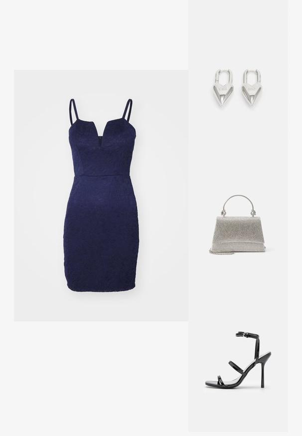 Robe en dentelle bleu marine avec une silhouette ajustée, décolleté plongeant et fines bretelles. Motif floral texturé sur l'ensemble du tissu.; Sandales à talons hauts en cuir verni noir avec trois sangles horizontales et une sangle de cheville ajustable. Silhouette élégante et finition brillante.; ALDO FELISIA - Sac à main - silver-coloured; Cadenas en forme de cœur en argent avec les inscriptions gravées "OUI" et "NON", finition polie, design symétrique et un robuste fermoir en métal.