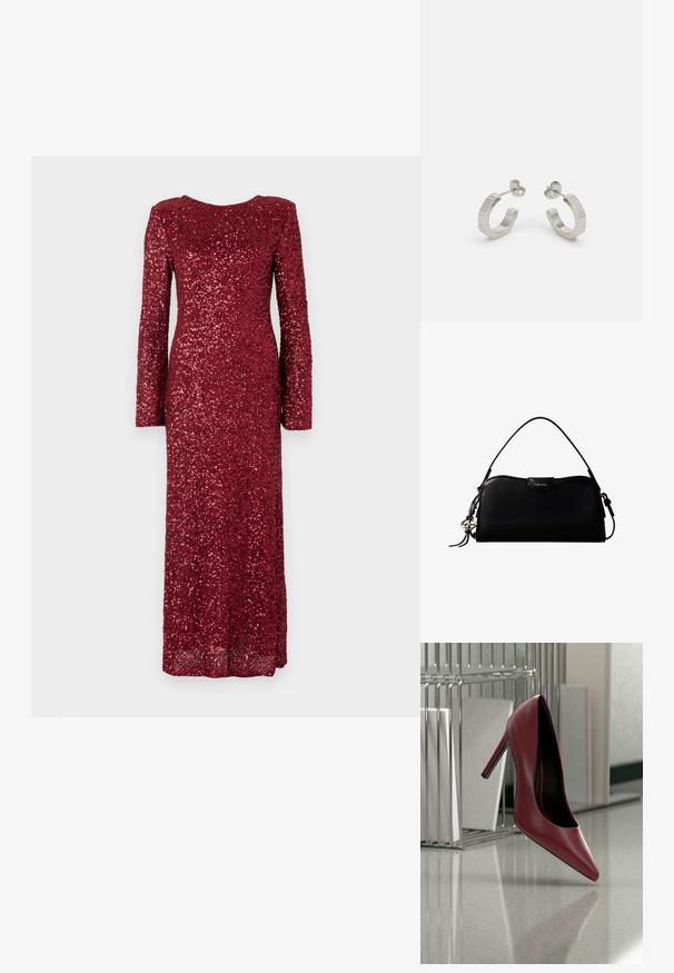 Vestido rojo de manga larga cubierto de lentejuelas, con un escote redondeado y una silueta ajustada, que se extiende hasta el suelo.; Zapato de tacón alto de cuero rojo, equilibrado sobre el talón, sobre un suelo reflectante cerca de un archivador metálico con carpetas blancas.; Bolso rectangular negro de Calvin Klein con una única correa superior, dije con el logo plateado y un pequeño cierre de solapa en la parte frontal.; Pendientes aros de metal plateado con un diseño texturizado, que cuentan con un pequeño respaldo de clip y una marca en uno de los aros. Forma redondeada con un acabado pulido.