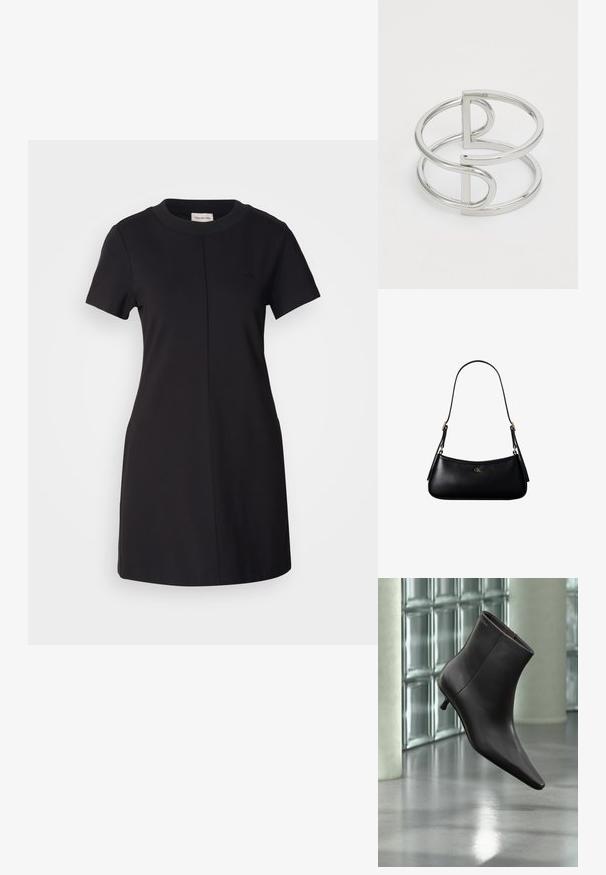 Calvin Klein Jeans MILANO T SHIRT DRESS - Jerseyjurk - black; Zwarte leren enkellaars met puntige neus en lage hak, afgebeeld tegen een glazen blokkenmuur en gepolijste vloer op de achtergrond.; Zwarte leren mini schoudertas met een dun riempje en klein goudkleurig CK-logo aan de voorkant in het midden.; Zilveren metalen armband met een dubbel-lusontwerp, voorzien van een gladde, glanzende afwerking en een minimalistisch geometrisch accent.
