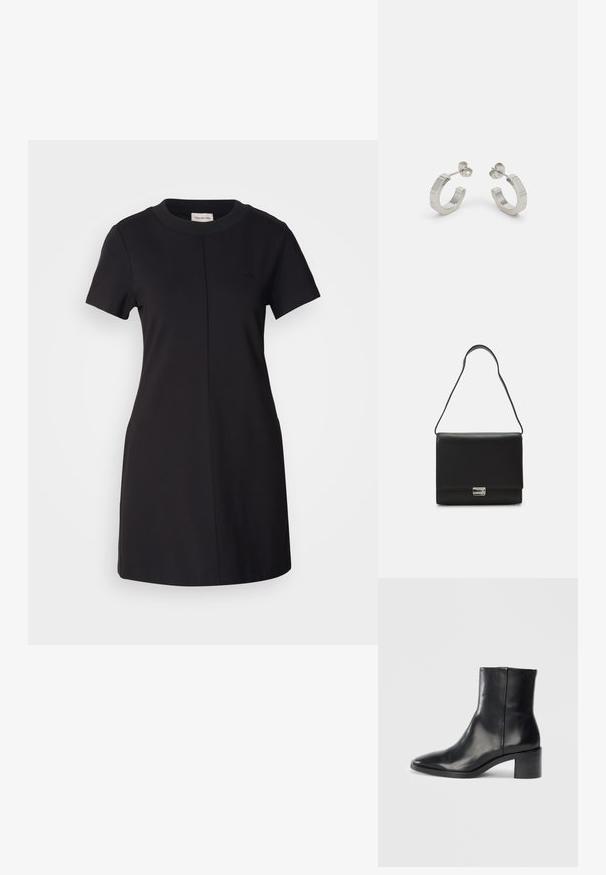 Calvin Klein Jeans MILANO T SHIRT DRESS - Jerseykleid - black; Schwarze Leder-Ankle-Boots mit spitzer Zehe, niedrigem Blockabsatz und dezentem, geprägtem Logo. Glatte Oberfläche mit einem eleganten Design und minimalen Nähten.; Calvin Klein ARCHIVE SHOULDER BAG SHINY - Handtasche - black; Silberne Metall-Hoops mit strukturiertem Design, ausgestattet mit einem kleinen Steckverschluss und Branding an einem Hoop. Abgerundete Form mit glänzender Oberfläche.