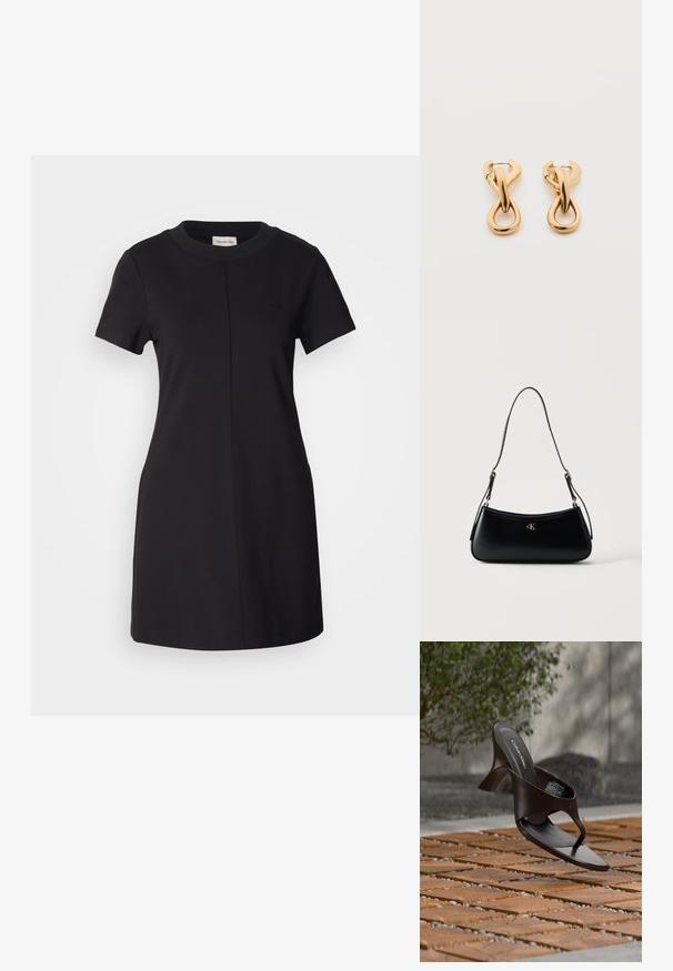 Calvin Klein Jeans MILANO T SHIRT DRESS - Trikotaažkleit - black; Pruun Calvin Kleini kontsaga varbavahe-sandaal rippumas puidust plaadi ja kruusa peal õues, taustal udune rohelus ja kivimüür.; Mustast nahast õlakott, kõverusega kujundus, reguleeritav rihm ja kuldne "cK" logo ees keskel.; Paari läikiva kuldse tooniga rõngaskõrvarõngaid lihtsal valgel taustal, millel on põimunud keerutatud disain.