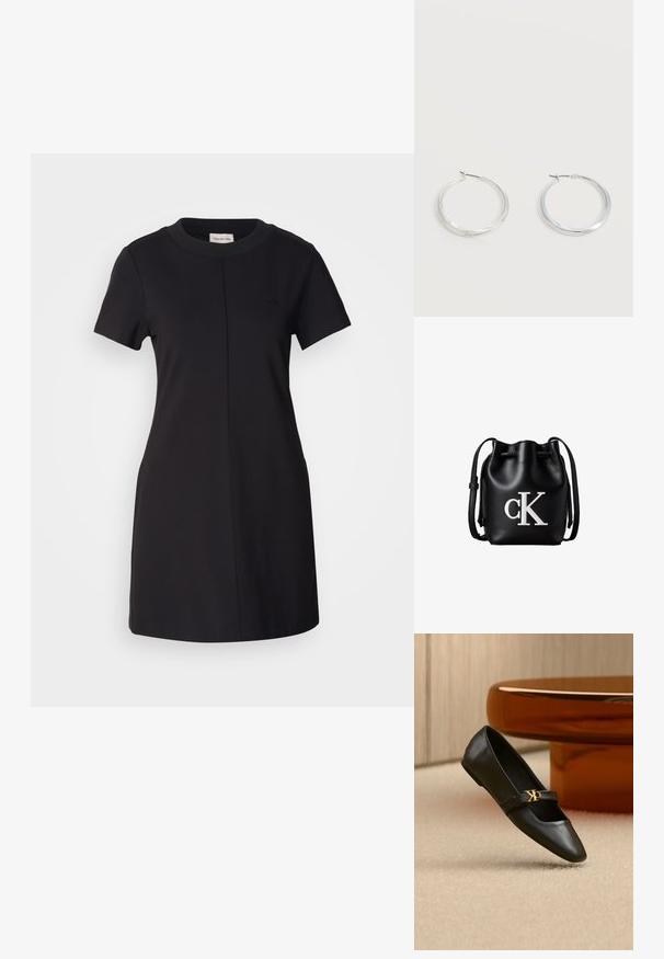 Calvin Klein Jeans MILANO T SHIRT DRESS - Džersejové šaty - black; Čierna kožená balerína s ostrou špičkou a zlatým logom CK na remienku, položená na béžovom koberci pri okrúhlom jantarovo hnedom stole.; Čierna kožená bucket taška so sťahovacou šnúrkou na vrchu a bielym logom "cK" na prednej strane, vybavená nastaviteľným ramenným popruhom.; Strieborné kovové kruhové náušnice s hladkým, mierne zakriveným povrchom a zapínaním na poistku na jednoduchom bielom pozadí.