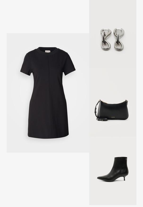 Calvin Klein Jeans MILANO T SHIRT DRESS - Φόρεμα από ζέρσεϊ - black; Μαύρο δερμάτινο μποτάκι γύρω από τον αστράγαλο με μυτερή μύτη και χαμηλό τακούνι σε ανοιχτό φόντο, εμφανίζει την εξωτερική πλευρά.; Μαύρη δερμάτινη τσάντα ώμου Calvin Klein με χρυστό φερμουάρ και ρυθμιζόμενο λουράκι σε απλό φωτεινό φόντο.; Ζευγάρι ασημένιων μεταλλικών σκουλαρικιών με αφηρημένο σχέδιο διαπλεγμένων βρόχων σε λευκό φόντο.