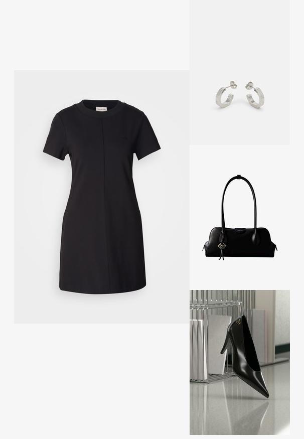 Calvin Klein Jeans MILANO T SHIRT DRESS - Jerseykleid - black; Schwarzer High-Heel-Schuh mit spitzer Zehe und goldem Logo, auf einer reflektierenden Oberfläche nahe einem verchromten Draht-Organizer mit Dokumenten positioniert.; Schwarze Lederhandtasche von Calvin Klein mit langem Schulterriemen, seitlichen Reißverschlüssen und einem dekorativen Anhänger, der an einem Riemen hängt.; Silberne Metall-Hoops mit strukturiertem Design, ausgestattet mit einem kleinen Steckverschluss und Branding an einem Hoop. Abgerundete Form mit glänzender Oberfläche.
