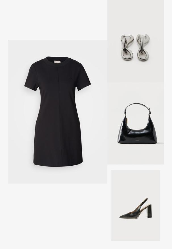 Calvin Klein Jeans MILANO T SHIRT DRESS - Jerseykleid - black; Schwarzer Leder-Damenslingback-Pumps mit spitzer Zehenpartie und dickem hohem Blockabsatz auf weißem Hintergrund.; Schwarze, glänzende Calvin Klein Handtasche mit goldfarbenem Reißverschluss und kurzem Trageriemen vor schlichtem weißem Hintergrund.; Paar silberfarbene Metallohrringe mit abstraktem ineinandergreifendem Schlaufen-Design auf weißem Hintergrund.