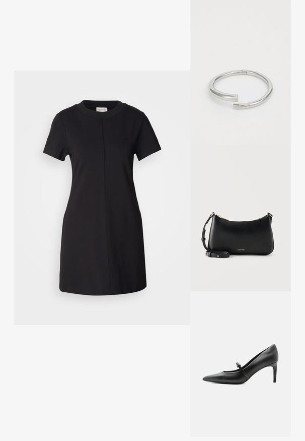Calvin Klein Jeans MILANO T SHIRT DRESS - Trikotaažkleit - black; Mustast nahast terava varbaga kõrge kontsaga king, millel on peen rihm ja pandlaga üle jala pealse, seisab neutraalsel heledal taustal.; Mustast nahast Calvin Kleini õlakott kuldse tõmbluku ja reguleeritava rihmaga ühtlasel heledal taustal.; Calvin Klein SPIRAL - Käevõru - silver-coloured