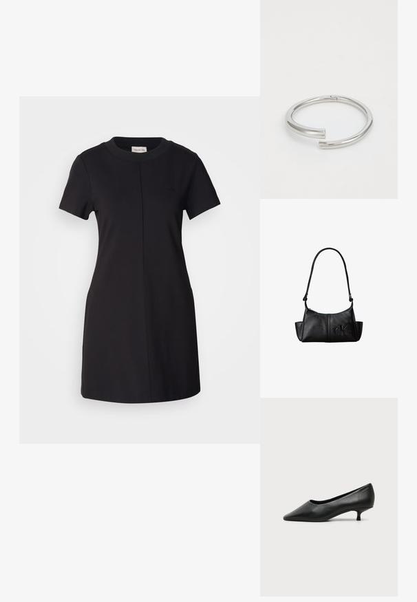 Calvin Klein Jeans MILANO T SHIRT DRESS - Jerseykjole - black; Sort lavhælet damesko i læder med spids tå og lille kitten heel på ensfarvet lys baggrund.; Sort læder skuldertaske med lang rem, sidelommer og præget Calvin Klein-logo på fronten.; Calvin Klein SPIRAL - Armbånd - silver-coloured