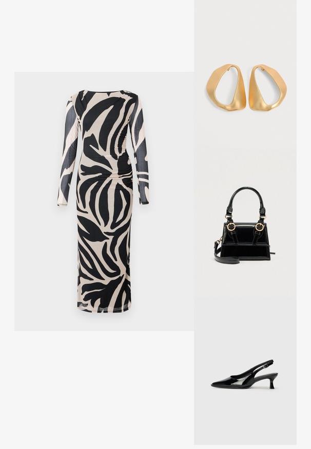 Langmouw jurk van stretchstof met een zwart en beige abstract bladerenpatroon, voorzien van plissé-details aan de zijkant en een aansluitende pasvorm.; Zwarte lakleren slingback schoenen met een spitse neus en een lage blokhak. Verstelbare gespband bij de enkel.; Zwarte handtas van lakleer met gouden accenten, dubbele handvatten aan de bovenkant en een verstelbare schouderband. Gestructureerd ontwerp met accentstiksels.; Een paar onregelmatige, asymmetrische gouden oorringen met een gladde, matte afwerking op een neutrale achtergrond.