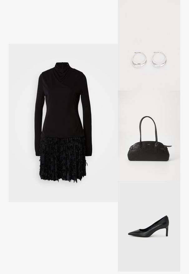 Schwarzes Kleid mit hohem Kragen, langen Ärmeln und einem strukturierten, gefalteten Rock mit Stoffakzenten. Glatte Oberseite mit gerafften Details.; Schwarzer, spitz zulaufender High-Heel-Pumps aus Leder mit einem schlanken, mittelhohen Absatz auf einem schlichten hellgrauen Hintergrund.; Schwarze Lederhandtasche mit runder Form, zwei langen Griffen, goldenen Beschlägen und einem kleinen Anhänger. Mit Reißverschluss oben.; Silberne Creolen mit glänzender Oberfläche und DKNY-Logo, vor einem schlichten weißen Hintergrund präsentiert.
