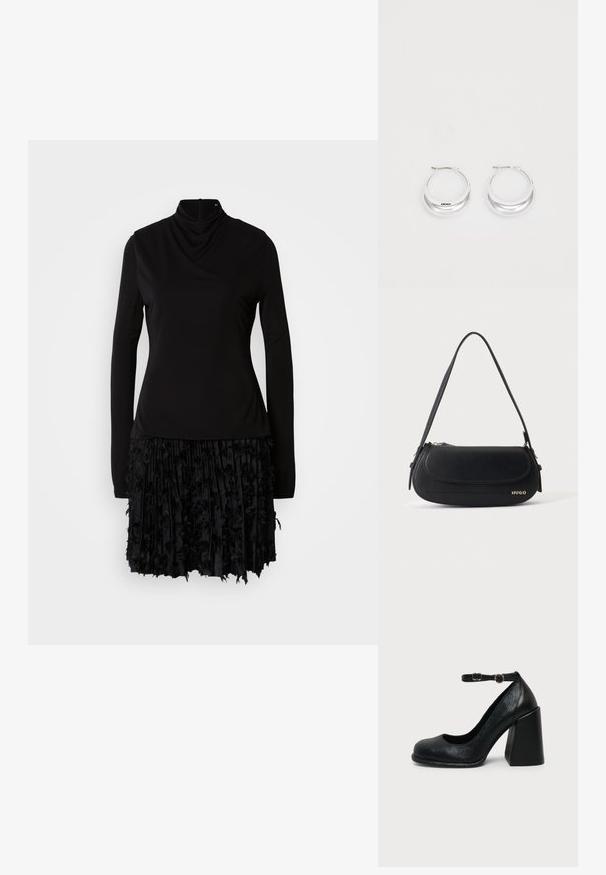 Robe noire avec un col haut, des manches longues et une jupe plissée texturée agrémentée d'accents en tissu. Haut lisse avec des détails froncés.; Chaussure à talon haut en cuir noir avec bout arrondi et bride de cheville réglable avec boucle dorée sur fond uni clair.; Sac à épaule en cuir noir avec rabat incurvé, logo doré "HUGO" sur le devant, et une bandoulière réglable.; Boucles d'oreilles en argent avec une finition polie et un branding DKNY, présentées sur un fond blanc uni.