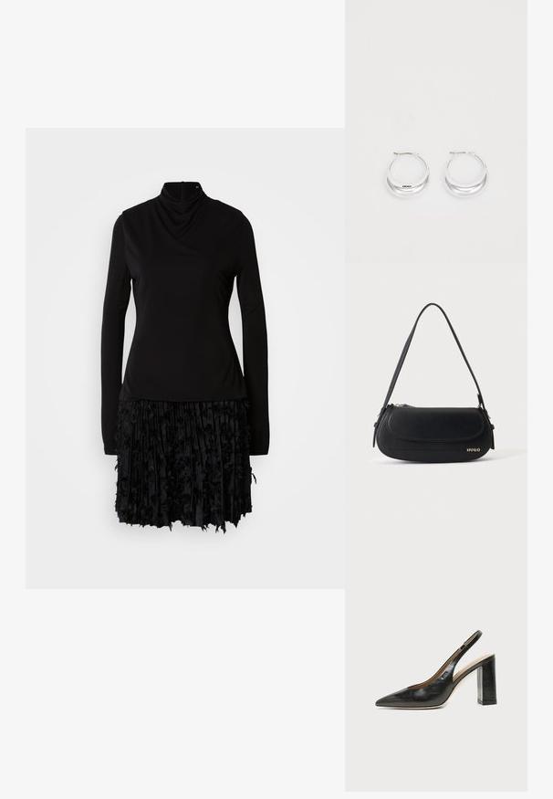 Schwarzes Kleid mit hohem Kragen, langen Ärmeln und einem strukturierten, gefalteten Rock mit Stoffakzenten. Glatte Oberseite mit gerafften Details.; Schwarzer Leder-Slingback-Schuh mit spitzer Kappe, hohem Blockabsatz und beigegefüttertem Innenraum vor hellem, einfarbigem Hintergrund.; Schwarze Lederschultertasche mit geschwungener Klappe, goldenem "HUGO" Logo auf der Vorderseite und einem verstellbaren Riemen.; Silberne Creolen mit glänzender Oberfläche und DKNY-Logo, vor einem schlichten weißen Hintergrund präsentiert.