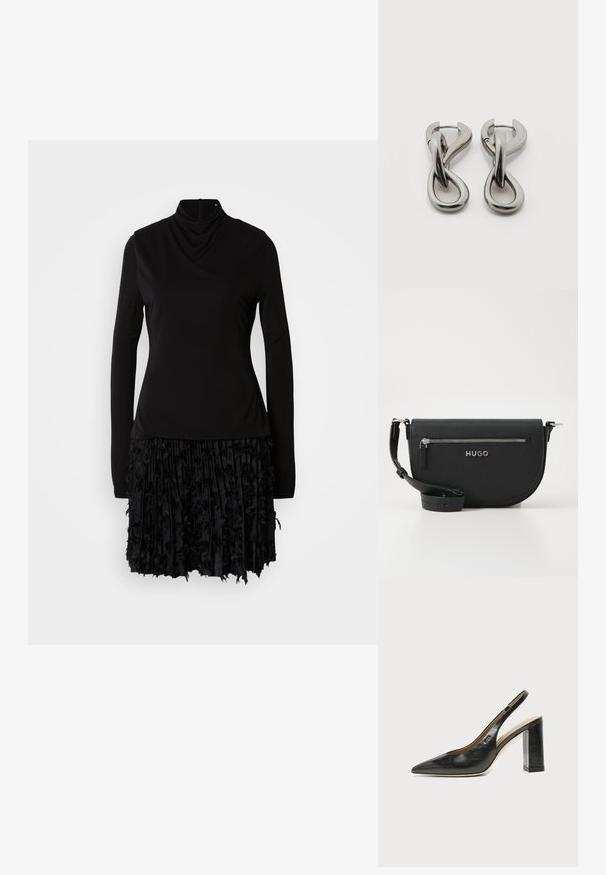 Zwarte jurk met een hoge hals, lange mouwen en een gestructureerde plooienrok met stoffen accenten. Glad bovenstuk met geplooide details.; Zwarte leren slingback schoen met spits toelopend neusje, hoge blokhak en beige binnenvoering tegen een effen lichte achtergrond.; Zwarte leren schoudertas met een ronde vorm, zilveren ritszak en een merkembleem. Beschikt over een verstelbare schouderband voor veelzijdigheid.; Set zilverkleurige metalen oorbellen met een abstract ontwerp van in elkaar grijpende lussen op een witte achtergrond.