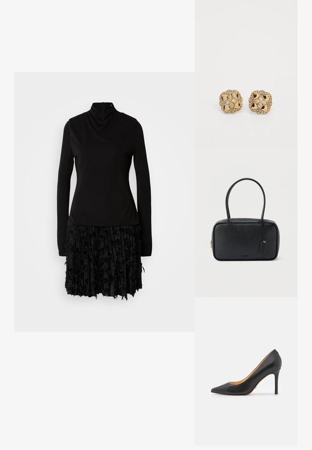 Zwarte jurk met een hoge hals, lange mouwen en een gestructureerde plooienrok met stoffen accenten. Glad bovenstuk met geplooide details.; Zwarte leren puntige hakken met een stiletto hak, voorzien van een gladde textuur en een minimalistisch ontwerp. Interieur is gevoerd in een tan kleur.; Zwarte rechthoekige handtas met dubbele afgeronde handvaten, gouden ritssluiting en geperst "HUGO" logo aan de voorkant met een aangehecht lederen label.; Goudkleurige stud oorbellen met een bloemdessin, voorzien van heldere kristallen en ingewikkelde details rond de randen. Vierkante vorm.