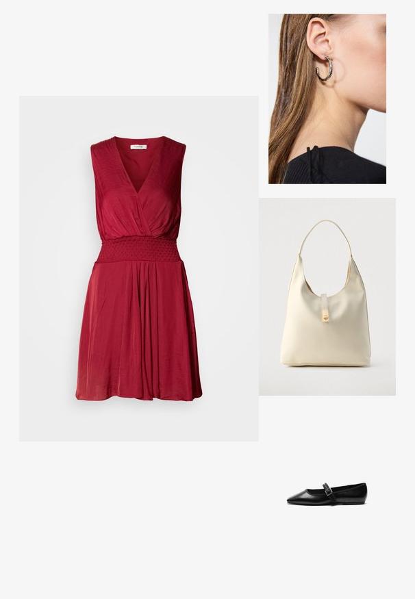 Vestido rojo sin mangas con escote en V profundo, cintura fruncida y falda fluida. Tela suave y ligera con una textura sutil.; Zapato plano negro de cuero con punta afilada, correa ajustable con hebilla de metal, textura suave y diseño minimalista.; Bolso hobo de cuero color crema con una sola correa para el hombro, textura suave y detalle de cierre metálico dorado en el frente.; Pendiente de aro de plata con un acabado pulido, que presenta pequeños detalles en dorado y una forma redonda, llevado en el lóbulo.