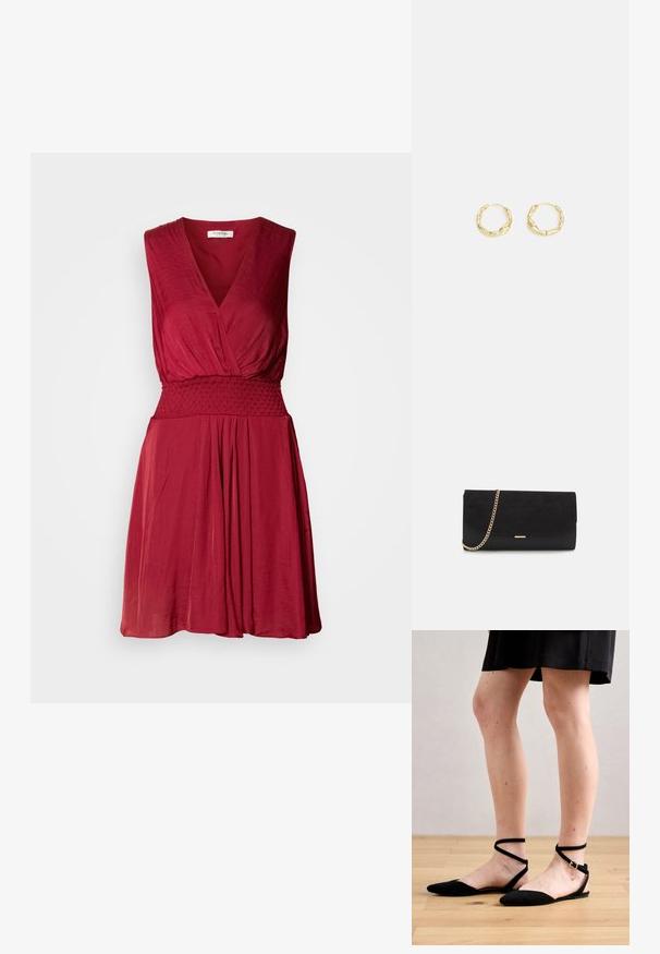 Vestido rojo sin mangas con escote en V profundo, cintura fruncida y falda fluida. Tela suave y ligera con una textura sutil.; Sandalias planas de ante negro con punta afilada, que cuentan con correas de tobillo que se cruzan y un cierre de hebilla. Textura suave y diseño minimalista.; Bolso de mano negro hecho de ante con un acabado texturizado, que presenta una cadena dorada y un diseño elegante y angular.; Pendientes de aro de oro con una superficie texturizada e irregular. Presentan un diseño ligero y una forma circular, aptos para el uso diario.
